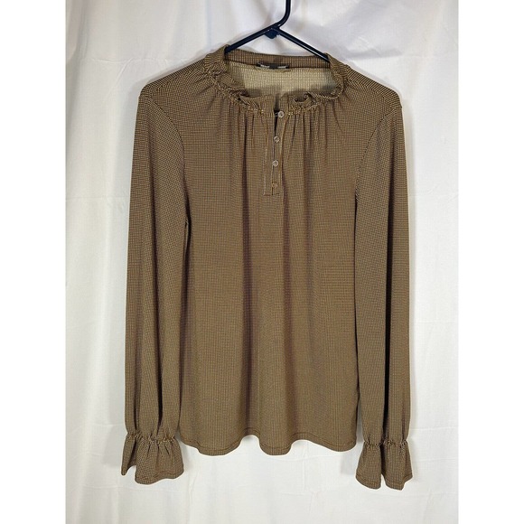 Adrianna Papell blouse Women's brown check 1/4 Button Top Ruffle Neck Sheer M - Picture 1 of 7